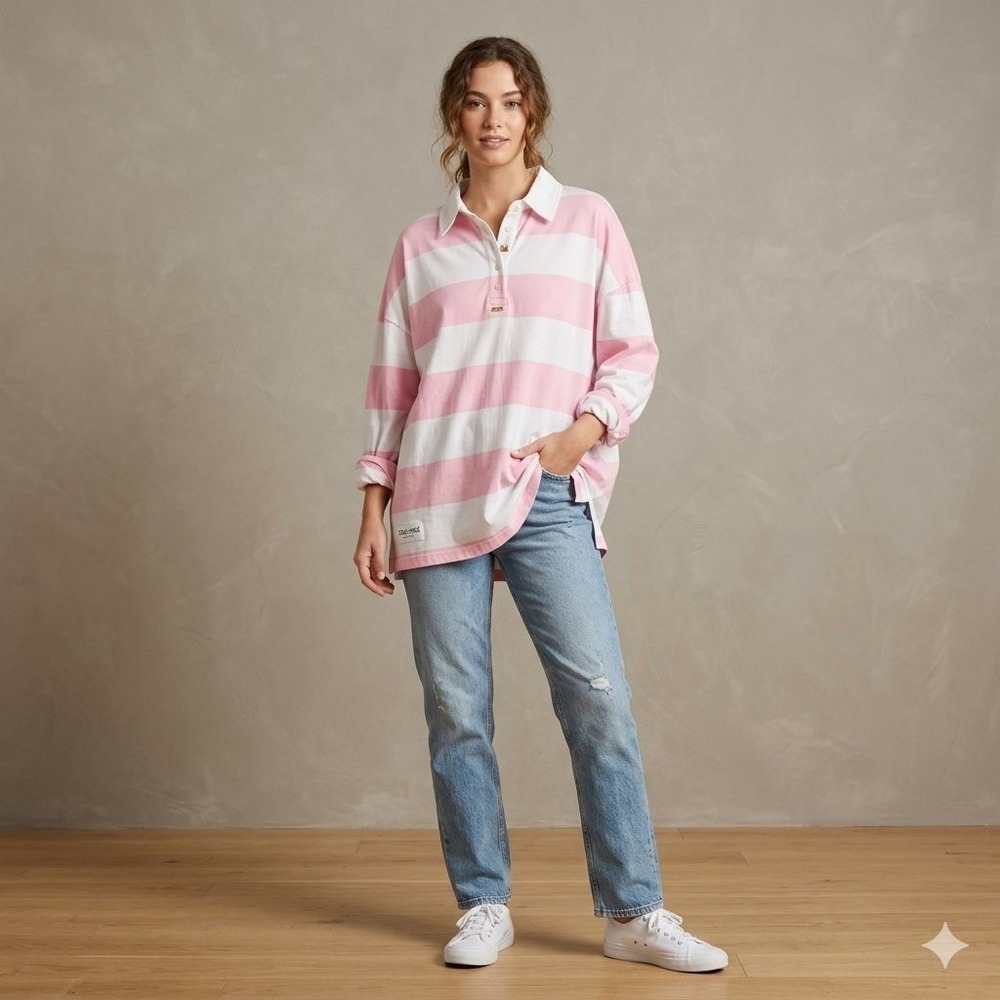 Sewn + Seen Pink White Striped Rugby Shirt Long Sleeve Oversized Polo M SNS1985